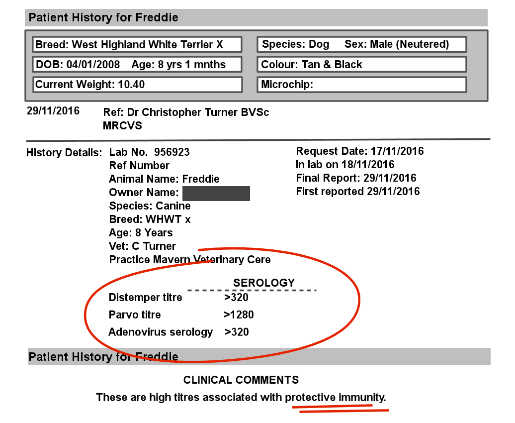 Example titre test results for dog